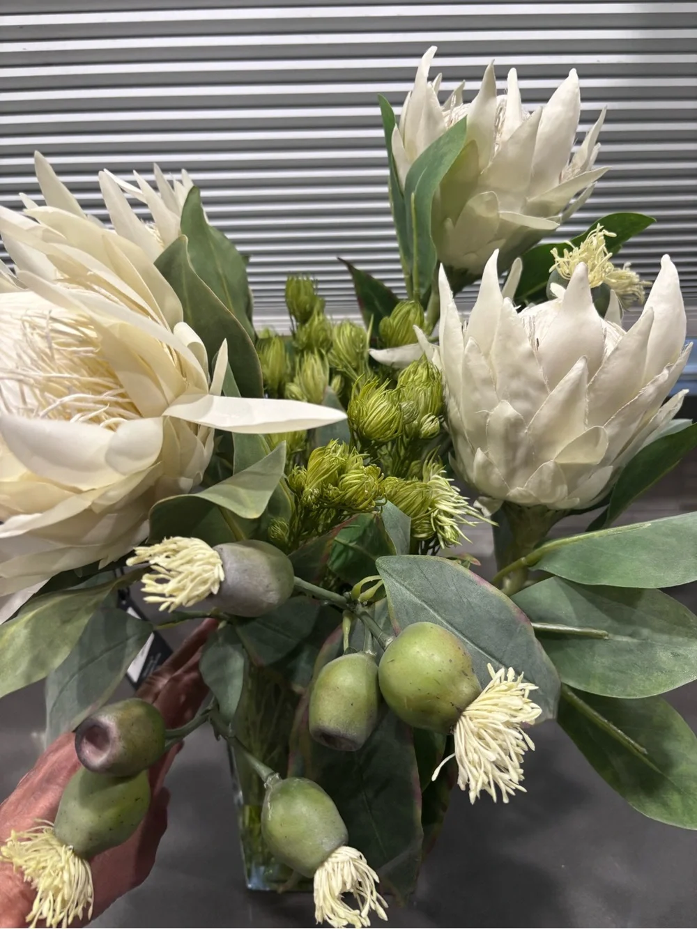 Allstate living Cream Protea Faux Floral Arrangement in Clear Glass Vase